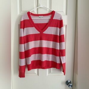 Garnet Hill V-Neck Sweater - Red and Pink Stripes